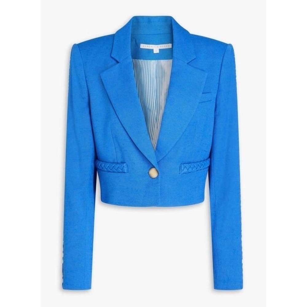 Veronica Beard Cropped Blue Blazer Braided Trim Power Chic Tailored Jacket Sz 10